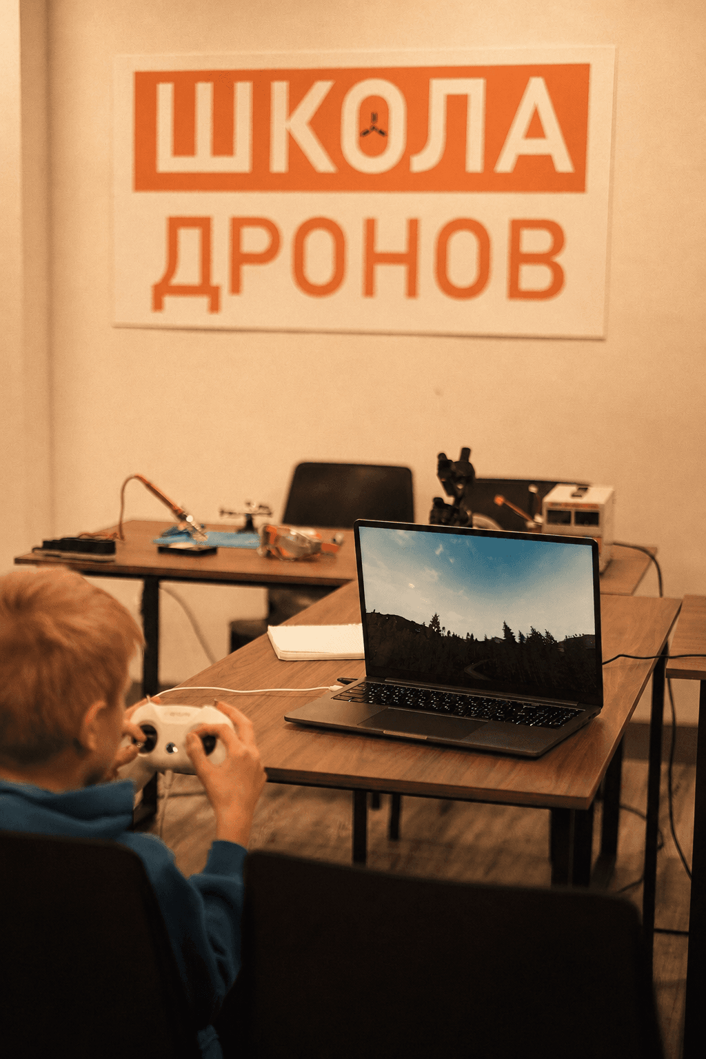 Ученик занимается на симуляторе в учебном классе Школы дронов